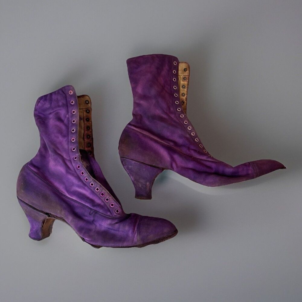 Vintage Purple Victorian Louis French Pompadour Heel Boots High Top Costume bin5